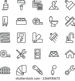 thin line vector icon set - paint roller vector, house, small tools, measuring tape, long meashuring, color samples, sample of colour, wooden brush, toilet, interroom door, writing accessories