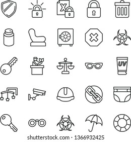 thin line vector icon set - mark of injury vector, spectacles, scales, toys over the cot, nappy, powder, Baby chair, construction helmet, dust bin, lock, key, umbrella, strongbox, encrypting, shield