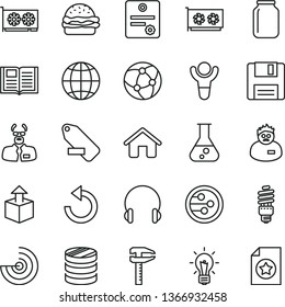 thin line vector icon set - counterclockwise vector, remove label, house, book, headphones, earth, unpacking, burger, energy saving bulb, calipers, jar, column of coins, gpu card, network, floppy
