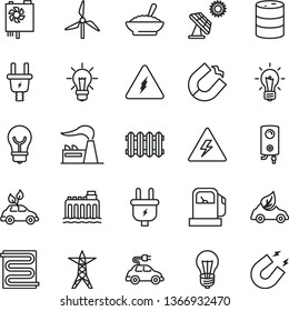 thin line vector icon set - danger of electricity vector, heating coil, new radiator, boiler, bulb, a bowl buckwheat porridge, big solar panel, gas station, windmill, factory, barrel, power line