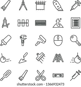 thin line vector icon set - scissors vector, new abacus, electronic thermometer e, big core, building trowel, hand saw, arm, paint roller, ladder, level, ceramic tiles, spatula, knife, temperature