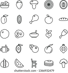 thin line vector icon set - mug for feeding vector, a chair child, loaf, mushroom, bowl of rice porridge, lettuce in plate, chicken leg, thigh, cabbage, omelette, blueberries, orange slice, pancakes
