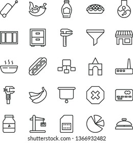 thin line vector icon set - mark of injury vector, bedside table, box bricks, window frame, Hot Dog, apple pie, porridge, chili, jar jam, bottle, bananas, Construction crane, SIM card, calipers