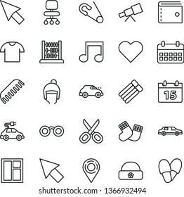 thin line vector icon set - scissors vector, purse, open pin, comb, warm socks, winter hat, abacus, window, calendar, heart, T shirt, electric car, retro, location, note, chair, cursor, telescope