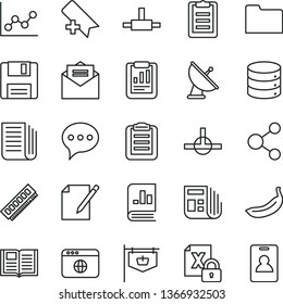 thin line vector icon set - add bookmark vector, graph, received letter, speech, book, big data, notes, banana, vintage sign, connection, statistical report, on statistics, morning paper, newspaper