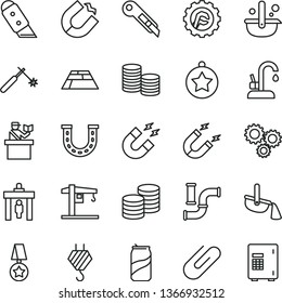 thin line vector icon set - crane vector, hook, star gear, knife, stationery, paving slab, kitchen faucet, coins, clip, soda can, water pipes, magnet, horseshoe, welding, metallurgy, three gears