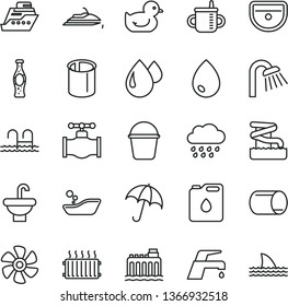 thin line vector icon set - mug for feeding vector, baby duckling, children's bathroom, rainy cloud, bucket, washbasin, sink, shower, faucet mixer, drop, umbrella, bottle of soda, marine propeller