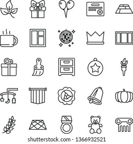 thin line vector icon set - toys over the cradle vector, teddy bear, colored air balloons, window, frame, plastic brush, paving slab, pavement, bell, nightstand, gift, cup of tea, squash, pumpkin