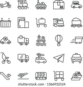 thin line vector icon set - cargo trolley vector, paper airplane, summer stroller, baby toy train, car, delivery, cardboard box, sea port, modern gas station, battery, conveyor, autopilot, with coal