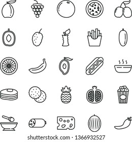 thin line vector icon set - deep plate with a spoon vector, sausage, piece of cheese, pizza, Hot Dog, porridge, French fries, cup popcorn, biscuit, pancakes, half pomegranate, large grape, cornels