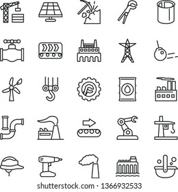 thin line vector icon set - tower crane vector, winch hook, adjustable wrench, drill, helmet, star gear, core, solar panel, coal mining, wind energy, valve, water pipes, manufacture, factory, oil