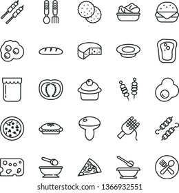 thin line vector icon set - deep plate with a spoon vector, plates and spoons, iron fork, piece of cheese, loaf, fried vegetables on sticks, pizza, big burger, spaghetti, mushroom, muffin, pie, milk