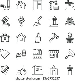 thin line vector icon set - house vector, box of bricks, crane, tower, dwelling, hook, big core, building trowel, concrete mixer, window, paint roller, wooden brush, ladder, siphon, putty knife