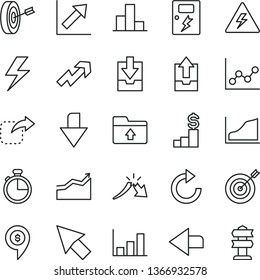 thin line vector icon set - lightning vector, danger of electricity, downward direction, left, growth up, clockwise, bar chart, graph, upload archive data, download, folder, dangers, timer, a crisis
