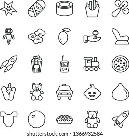 thin line vector icon set - Child T shirt vector, baby rattle, car seat, tumbler, toy mobile phone, teddy bear, small, funny hairdo, train, canned goods, pizza, apple pie, cabbage, peper, popcorn