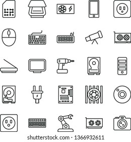 thin line vector icon set - camera vector, keyboard, cordless drill, power socket type b, smartphone, electric plug, assembly robot, SIM, radiator fan, mouse, pc supply, tower, motherboard, gpu card