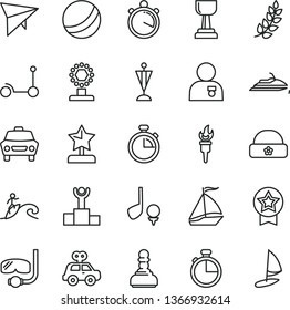 thin line vector icon set - stopwatch vector, bath ball, motor vehicle present, Kick scooter, warm hat, timer, car, flame torch, laurel branch, winner podium, cup, gold, pawn, star reward, pennant