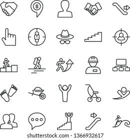 thin line vector icon set - woman vector, women, hat with glasses, summer stroller, children's tracks, workman, garden trolley, index finger, speech, man in sight, goal, scheme, hand shake, arrow up