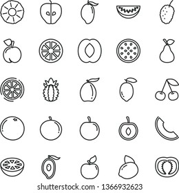 thin line vector icon set - pear vector, cherry, peach, apricot, tasty apple, mulberry, slice of melon, mango, half, loquat, water, tangerine, plum, lemon, yellow, juicy, passion fruit, grapefruit