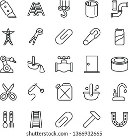 thin line vector icon set - scissors vector, clip, safety pin, iron fork spoons, winch hook, adjustable wrench, stepladder, ladder, ntrance door, knife, kitchen faucet, hammer, canned goods, valve