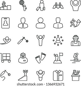thin line vector icon set - cargo trolley vector, footprints, employee, folded shirt, builder, welding, gas, woman, man, conversation, scientist, winner, arrow up, carrer stairway, hold world, hands