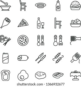 thin line vector icon set - plates and spoons vector, a chair for feeding, child, plastic fork, iron, sausage, pizza, piece of, burger, spaghetti, noodles, lettuce in plate, grill chicken leg, chop