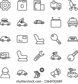 thin line vector icon set - truck lorry vector, Baby chair, car child seat, summer stroller, key, pass card, delivery, big solar panel, modern gas station, accumulator, racer, canister of oil, eco