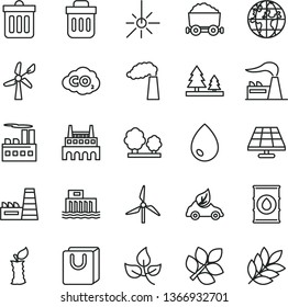 thin line vector icon set - dust bin vector, drop, bag with handles, apple stub, solar panel, leaves, windmill, wind energy, manufacture, factory, oil, hydroelectric station, trees, forest, eco car