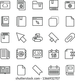 thin line vector icon set - clip vector, add bookmark, clean sheet of paper, folder, book, e, calendar, notebook, address, delete page, copy, scientific publication, newspaper, printer, browser
