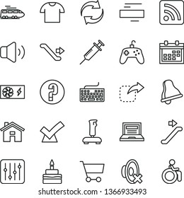 thin line vector icon set - house vector, bell, laptop, calendar, keyboard, renewal, minus, silent mode, rss feed, question, regulator, volume, T shirt, move right, birthday cake, cart, joystick