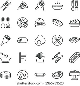 thin line vector icon set - plates and spoons vector, a chair for feeding, plastic fork, iron, sausage, pizza, piece of, Hot Dog, mini, burger, spaghetti, porridge, lettuce in plate, bacon, chop