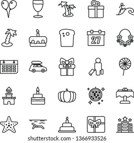 thin line vector icon set - daily calendar vector, colored air balloons, birthday cake, gift, Easter, torte, lollipop, glass, pumpkin, wall, giftbox, sand castle, car baggage, passenger, beach