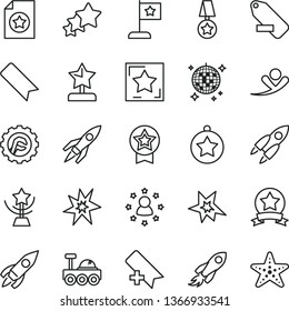 thin line vector icon set - add bookmark vector, remove label, star gear, rocket, space, lunar rover, bang, cup, reward, medal, flag, ribbon, certificate, stars around man, three, flying, disco ball
