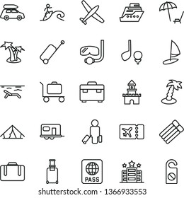 thin line vector icon set - suitcase vector, passport, sand castle, plane, car baggage, camper, passenger, rolling, ticket, case, tent, beach, arnchair under umbrella, palm tree, diving mask, hotel