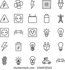thin line vector icon set - lightning vector, danger of electricity, matte light bulb, saving, power socket type f, fan screw, charge level, charging battery, accumulator, line, plug, electric, car