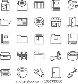 thin line vector icon set - folder vector, book, open pin, e, books, window frame, ntrance door, received letter, drawer, 24, package, canned goods, half of coconut, kiosk, stall, get a wage, exit