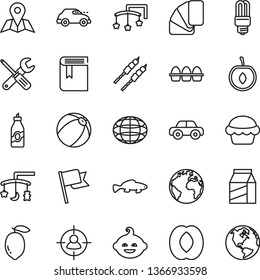 thin line vector icon set - sign of the planet vector, book, toys over cradle, cot, baby bath ball, motor vehicle, funny hairdo, small tools, sample colour, map, flag, package, bundle eggs, cake