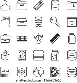 thin line vector icon set - folder bookmark vector, storage unit, key, CD, big data, server, suitcase, drawer, strongbox, package, hanger, unpacking, barrel, jar, radiator fan, memory, hdd, usb