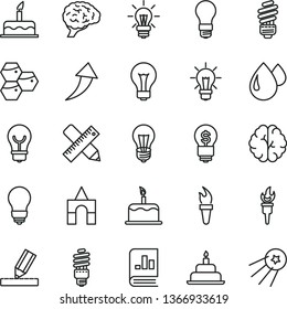 thin line vector icon set - matte light bulb vector, box of bricks, cake, birthday, saving, writing accessories, drawing, honeycombs, drop, energy, book on statistics, brain, flame torch, arrow up