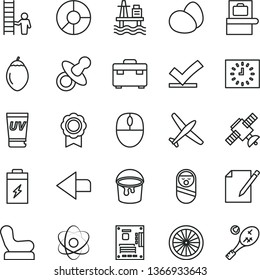 thin line vector icon set - left direction vector, dummy, Baby chair, roly poly doll, paint bucket, suitcase, notes, eggs, tamarillo, half of orange, sea port, charging battery, ring diagram, mouse