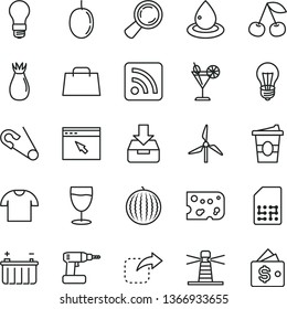 thin line vector icon set - rss feed vector, open pin, cordless drill, put in a box, T shirt, move right, piece of cheese, coffe to go, cocktail, glass, cherry, rose hip, water melon, passion fruit