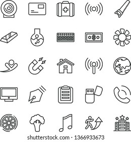 thin line vector icon set - house vector, medical bag, hand saw, music, screen, pass card, phone call, lens, slice of lemon, broccoli, planet, fan, keyboard, usb flash, wireless, flask, magnet