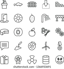 thin line vector icon set - image of thought vector, brick wall, trowel, shower, fence, traffic signal, folded shirt, move down, cheese, sushi set, small fish, strawberries, half apricot, mulberry