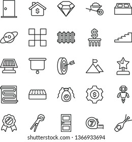 thin line vector icon set - garden trolley vector, adjustable wrench, long meashuring tape, ntrance door, interroom, tile, brick, building block, heating coil, new radiator, bactery, robot, saturn