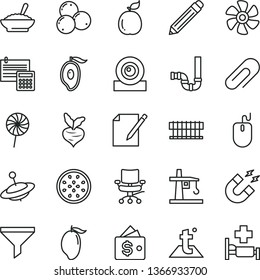 thin line vector icon set - clip vector, graphite pencil, yule, siphon, calculation, temperature, notes, a bowl of buckwheat porridge, lollipop, blueberries, mango, half, passion fruit, guava, beet