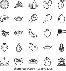 thin line vector icon set - measuring cup for feeding vector, beanbag, stick of sausage, cheese, piece pizza, mini hot dog, noodles, torte, apple pie, plate, chicken leg, chop, Chinese chopsticks
