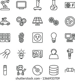 thin line vector icon set - gears vector, saving light bulb, big data, artificial satellite, solar panel, flask, socket, electric car, assembly robot, caliper, three, operator, computer, monitor, cd