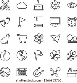 thin line vector icon set - scissors vector, alarm clock, pennant, footprints, e, eye, flag, cake, apple, planet, Earth, trees, magnet, shopping cart, wall calendar, monitor, cloud, molecule, atom