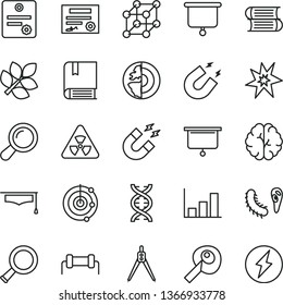 thin line vector icon set - vector e, books, nuclear, zoom, dna, brain, bactery, magnet, graduate hat, drawing compass, artifical insimination, growth graph, radar, earth core, biology, patente