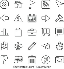 thin line vector icon set - paint roller vector, house, warning, image of thought, calendar, briefcase, bin, stopwatch, mark injury, right direction, left, graphite pencil, paper bag, cargo trolley